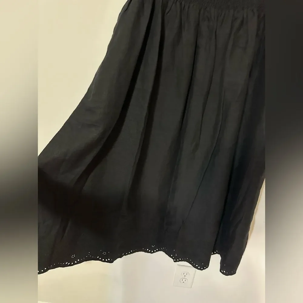 Chico’s Linen Pull On Embroidered Maxi Skirt Black Sz 8 Scallop Hem Side Pockets